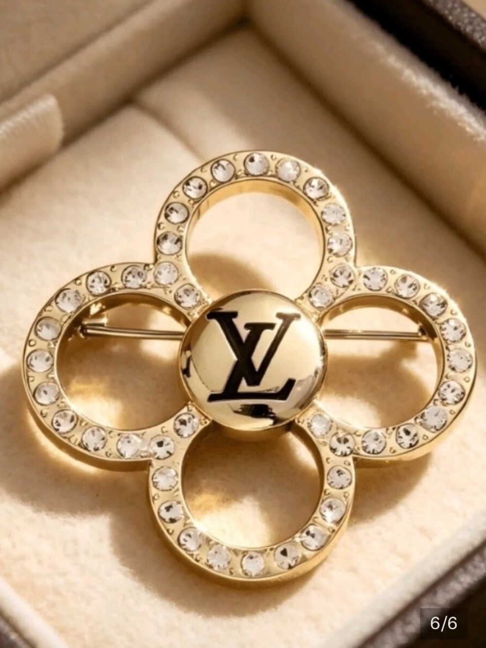 NEW! Clover LV Gold and Crystal Floral Monogram Brooch